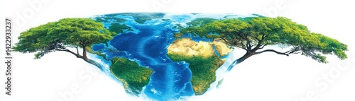 Vibrant Earth Illustration Featuring Two Lush Green Trees Framing a Beautifully Detailed Map of the Continents with Blue Ocean Surrounding Them
