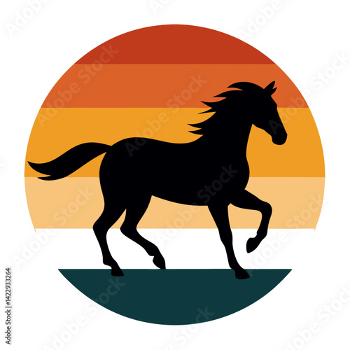 galloping horse over distressed sunset in a circle t shirt design