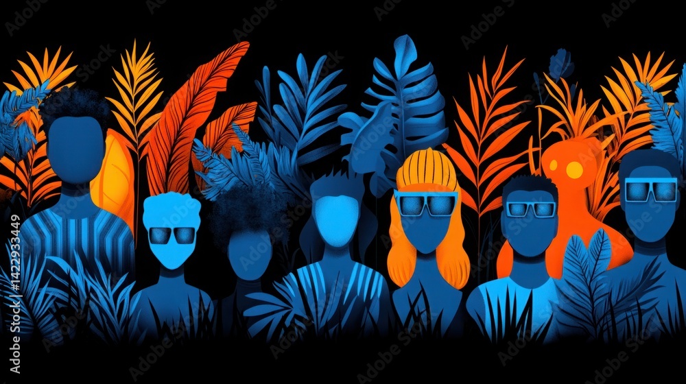 Colorful Group of People in Sunglasses Surrounded by Vibrant Tropical Plants Representing Diversity and Unity in a Modern Artistic Style