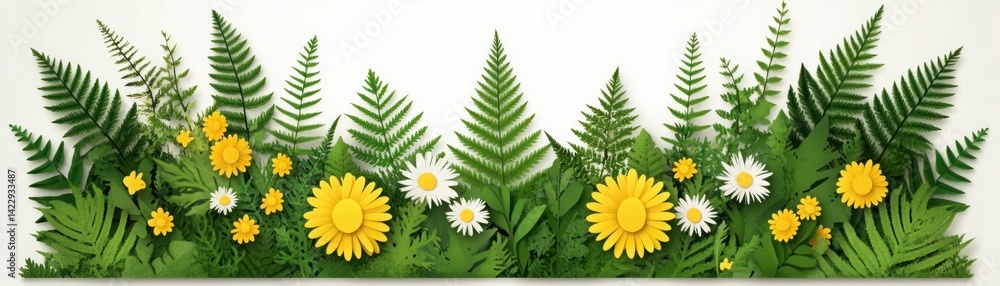 Bright and Cheerful Paper Cut Flowers and Ferns in a Lush Green Landscape with a Light Background for Nature and Spring Themes
