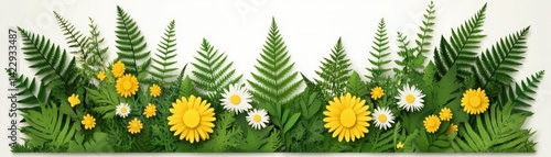 Obraz na płótnie Bright and Cheerful Paper Cut Flowers and Ferns in a Lush Green Landscape with a Light Background for Nature and Spring Themes w salonie