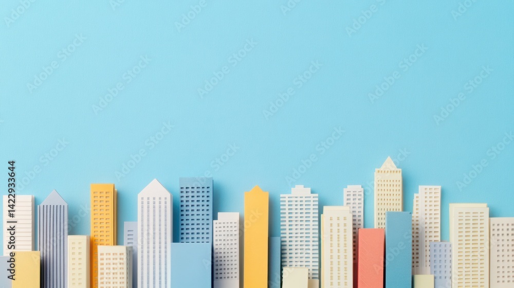Colorful Paper Cityscape on Blue Background, Featuring Various Building Shapes and Styles, Ideal for Modern Design and Architecture Themes
