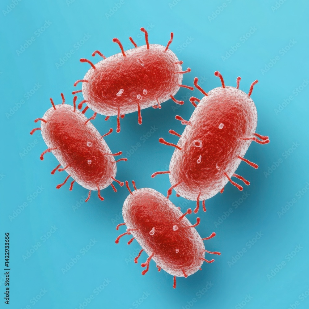 Close-Up View of Red Bacteria on Blue Background, Microscopic Image of Microorganisms, Unique Structure and Texture of Bacterial Cells