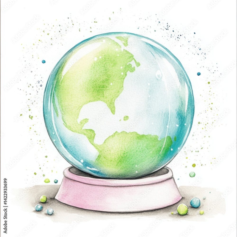 Illustrative globe in a snow globe design showcasing the Earth in soft watercolor style, perfect for environmental themes, travel content, and educational projects