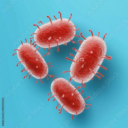 Obraz na płótnie Close-Up View of Red Bacteria on Blue Background, Microscopic Image of Microorganisms, Unique Structure and Texture of Bacterial Cells w salonie