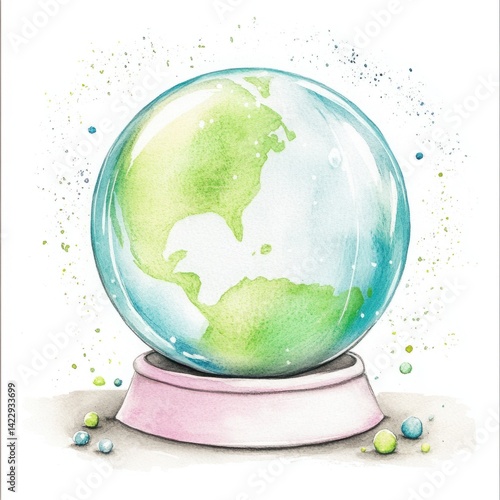 Obraz na płótnie Illustrative globe in a snow globe design showcasing the Earth in soft watercolor style, perfect for environmental themes, travel content, and educational projects w salonie