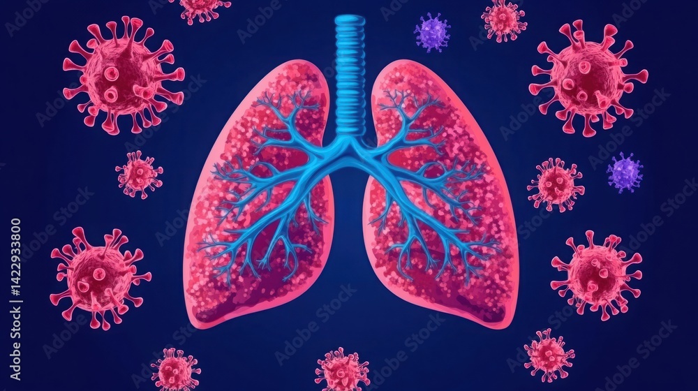 Illustration of human lungs surrounded by various virus particles, representing respiratory health, infection, and the impact of pathogens on lung function