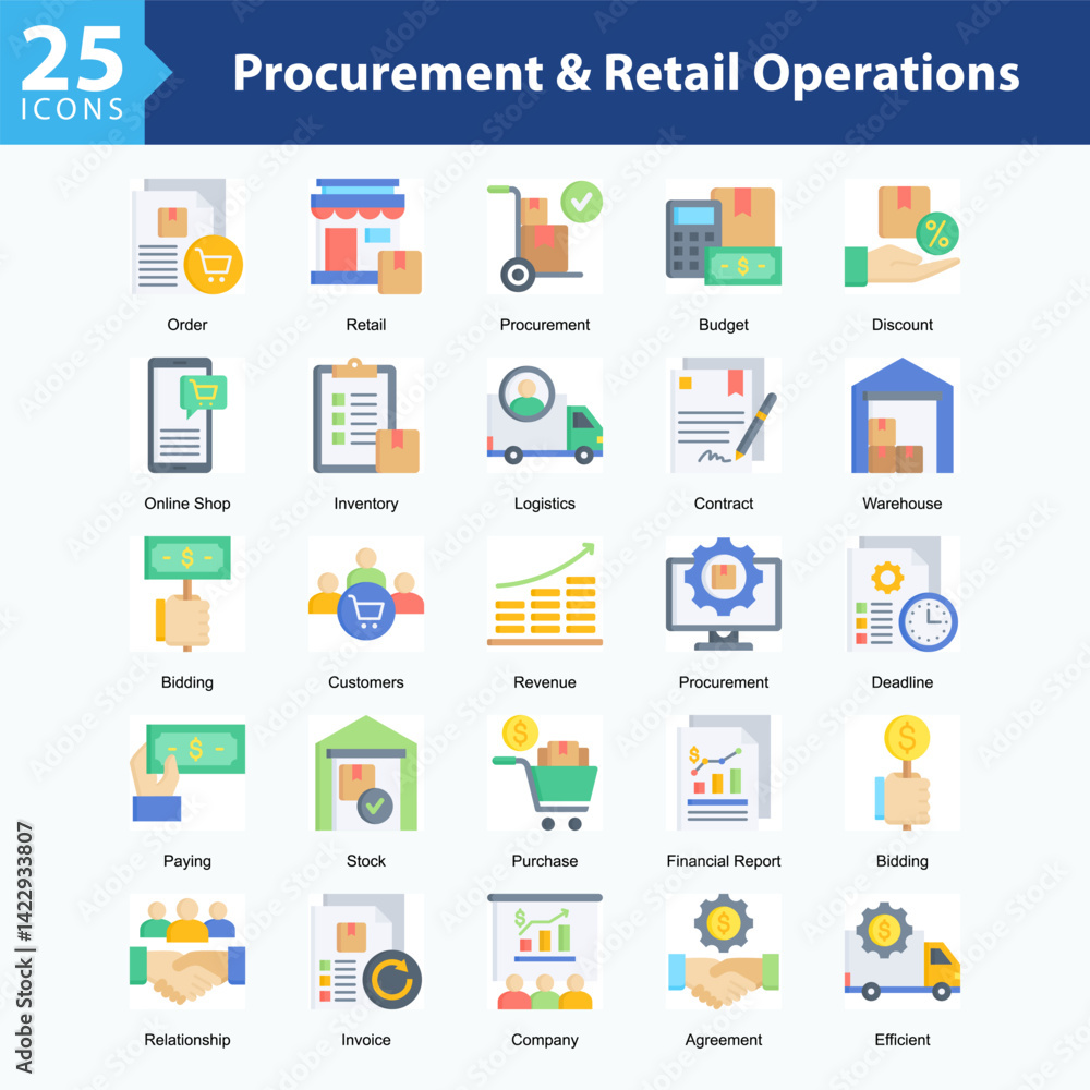 Procurement & Retail Operations is a collection of icons in sheet format representing procurement processes, retail management, and operational efficiency in business transactions. Procurement & Retail Operations is a collection of icons in sheet format representing procurement processes, retail management, and operational efficiency in business transactions.