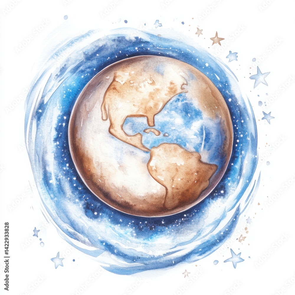 Beautiful watercolor illustration of Earth surrounded by a cosmic sky, stars, and swirls, showcasing a blend of colors and artistic style