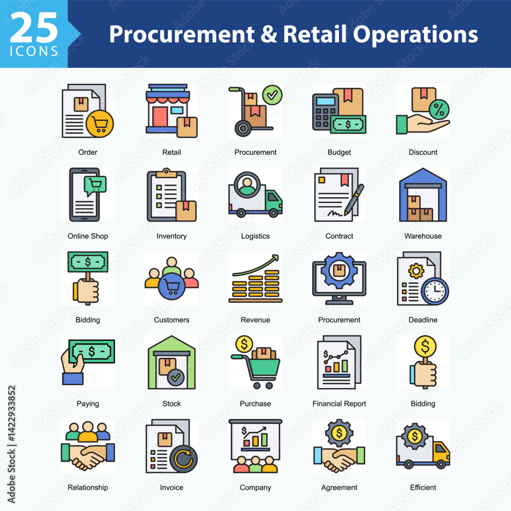 Procurement & Retail Operations is a collection of icons in sheet format representing procurement processes, retail management, and operational efficiency in business transactions. Procurement & Retail Operations is a collection of icons in sheet format representing procurement processes, retail management, and operational efficiency in business transactions.