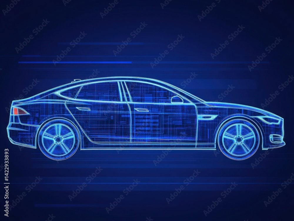 Futuristic Digital Car Design in Blue Color with Wireframe Visualization and Technology Elements for Innovation and Automotive Industry Concepts