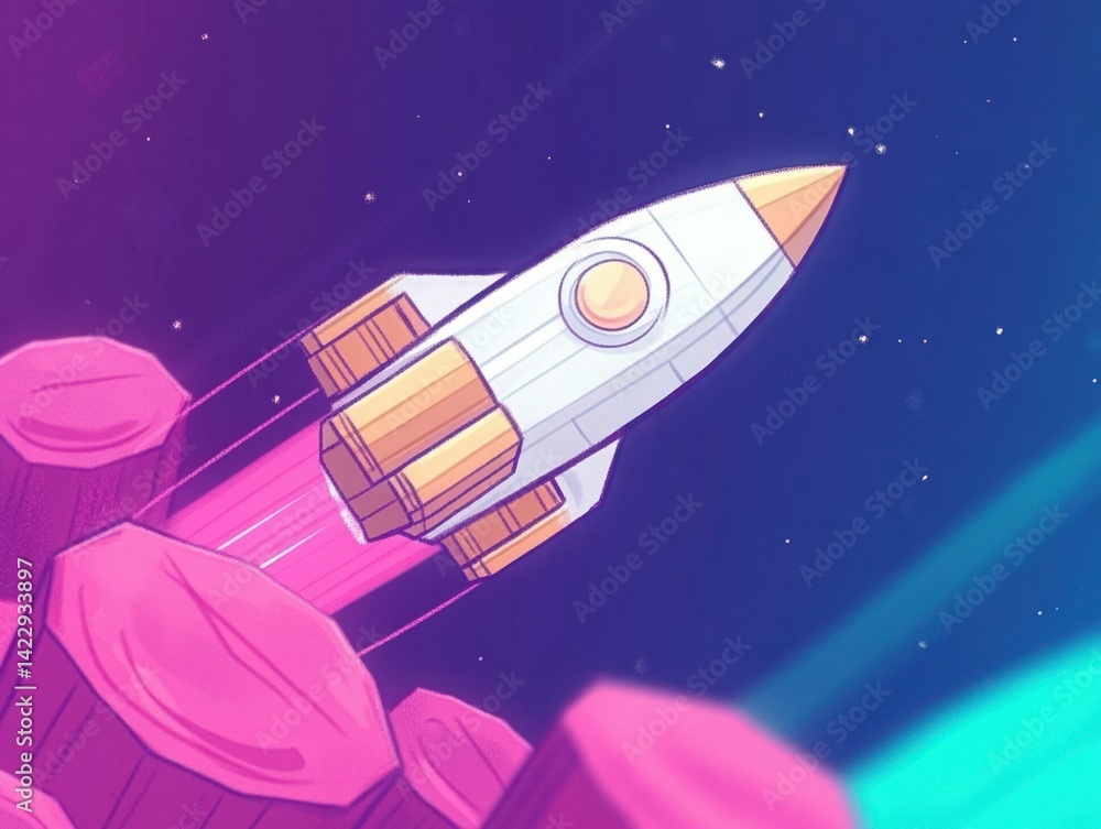 Colorful cartoon rocket launching into space, exploring the cosmos, vibrant background of stars and planets, creativity and adventure theme