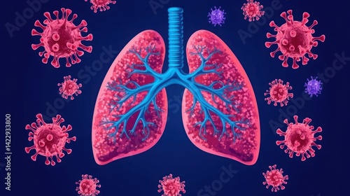 Obraz na płótnie Illustration of human lungs surrounded by various virus particles, representing respiratory health, infection, and the impact of pathogens on lung function w salonie