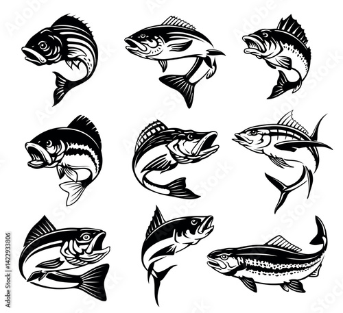 Big fish with curved tail black minimalist silhouette set vector flat illustration