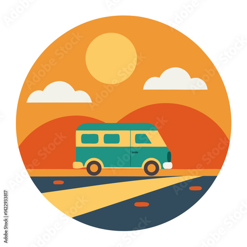 vanlife road trip illustration with sun on horizon t shirt design
