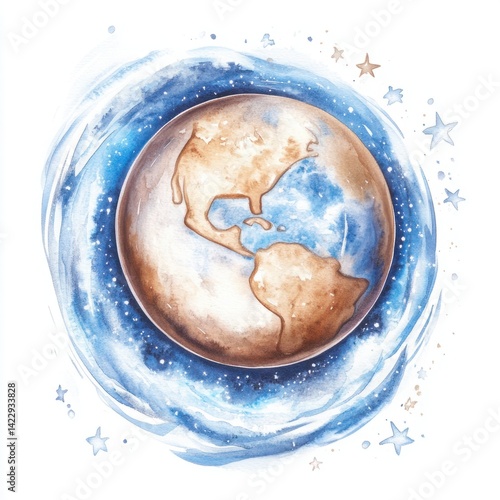 Obraz na płótnie Beautiful watercolor illustration of Earth surrounded by a cosmic sky, stars, and swirls, showcasing a blend of colors and artistic style w salonie