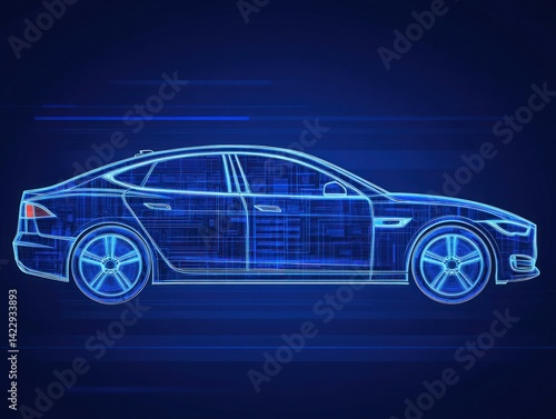 Futuristic Digital Car Design in Blue Color with Wireframe Visualization and Technology Elements for Innovation and Automotive Industry Concepts