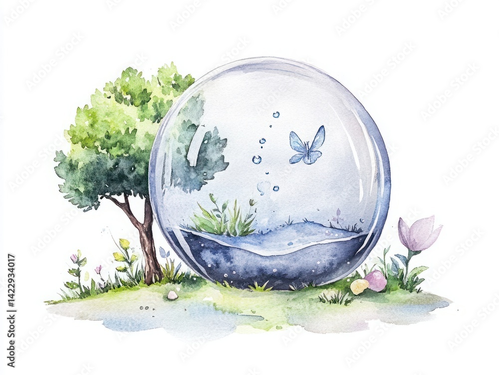 A Serene Water Sphere with Butterfly Surrounded by Lush Greenery and Colorful Flowers in a Peaceful Natural Setting