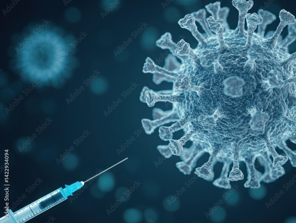 Close-up View of COVID-19 Virus with Syringe Illustrating Vaccination Concept in Medical and Scientific Context for Health Promotion