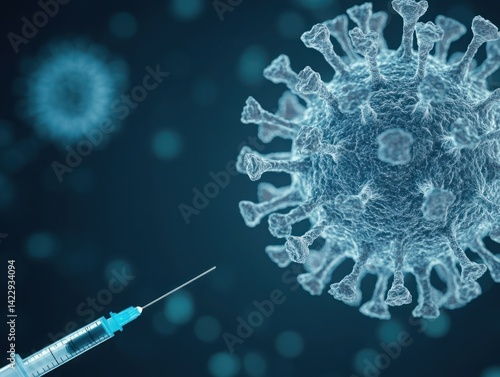 Obraz na płótnie Close-up View of COVID-19 Virus with Syringe Illustrating Vaccination Concept in Medical and Scientific Context for Health Promotion w salonie