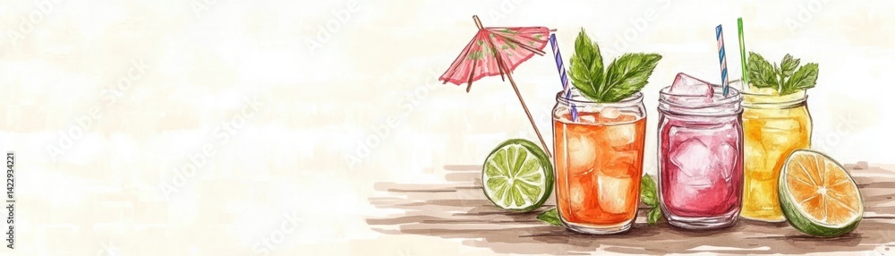 Refreshing Summer Cocktails in Mason Jars with Citrus Fruits, Mint Leaves, and Colorful Straws on a Wooden Table with a Soft Background