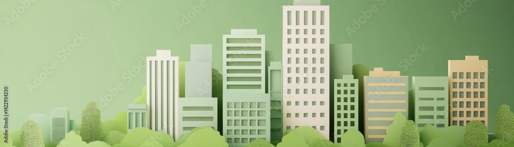 Green Cityscape with Minimalist Buildings and Lush Trees Creating a Serene Urban Environment in a Modern Landscape Illustration
