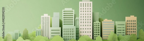 Obraz na płótnie Green Cityscape with Minimalist Buildings and Lush Trees Creating a Serene Urban Environment in a Modern Landscape Illustration w salonie