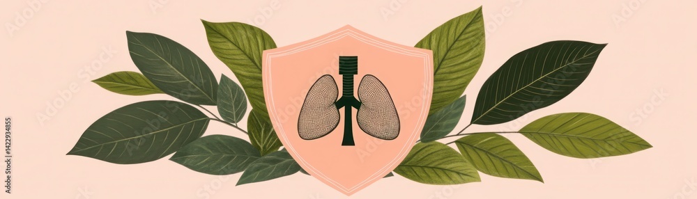 Stylized illustration of lungs surrounded by green leaves on a light background, representing health, nature, and wellness concepts for medical designs