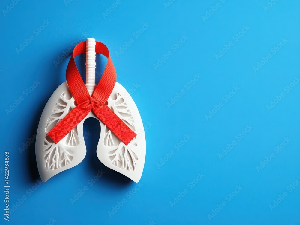 Anatomical model of human lungs with a red awareness ribbon on a bright blue background representing health and respiratory awareness campaigns