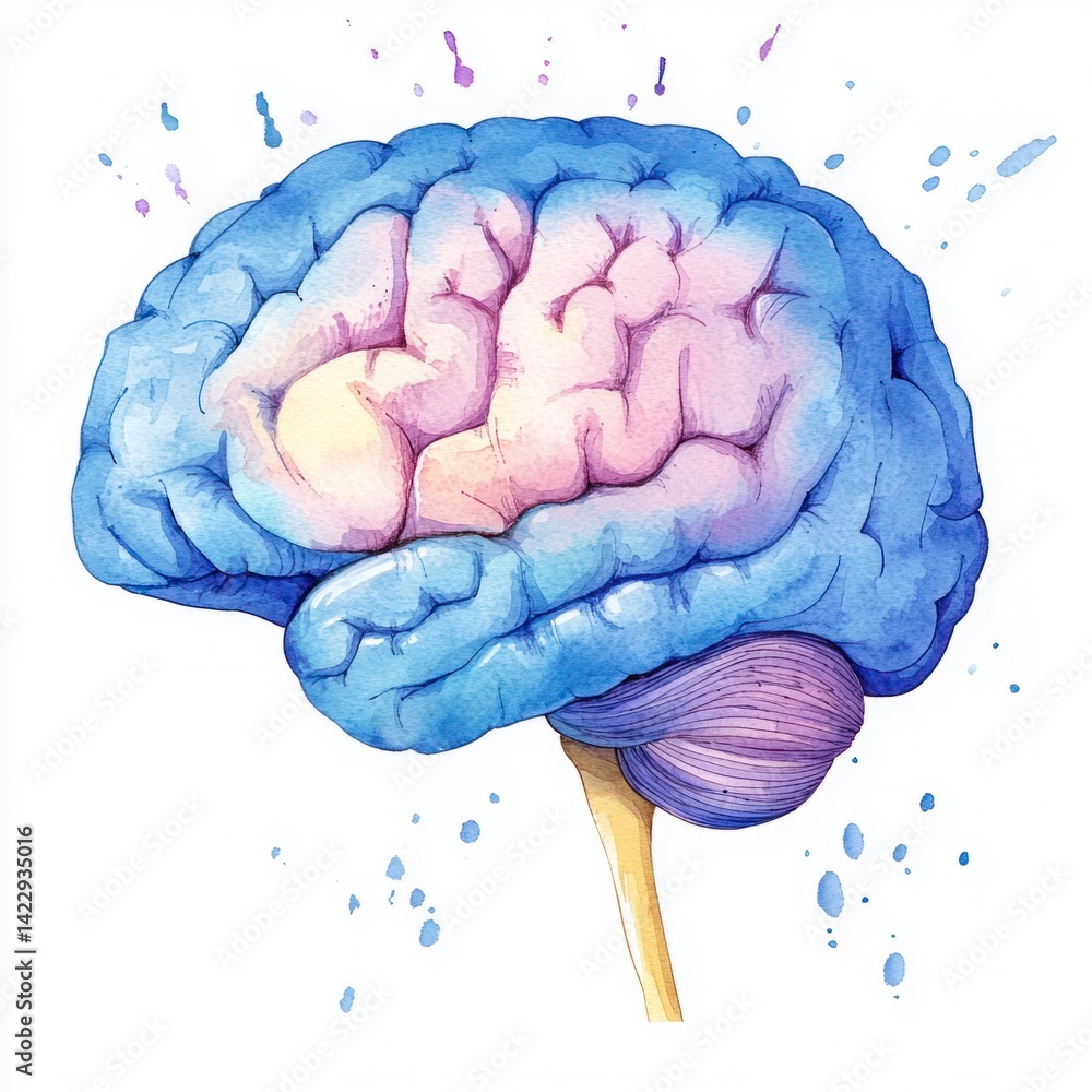 Colorful watercolor illustration of a human brain showcasing artistic interpretations of neural connections and cognitive processes in vibrant hues