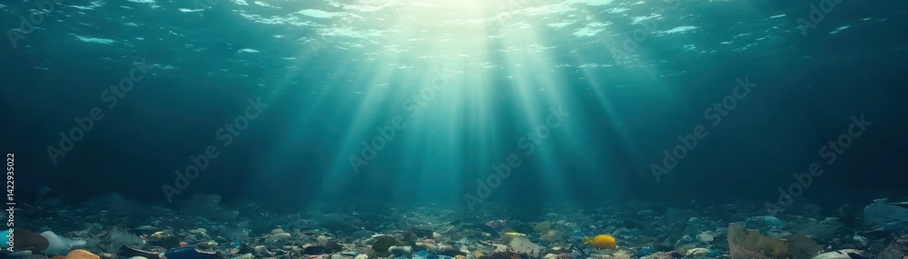 Underwater Scene with Sunbeams Illuminating Ocean Floor Surrounded by Colorful Corals and Marine Life in Clear Blue Water Environment