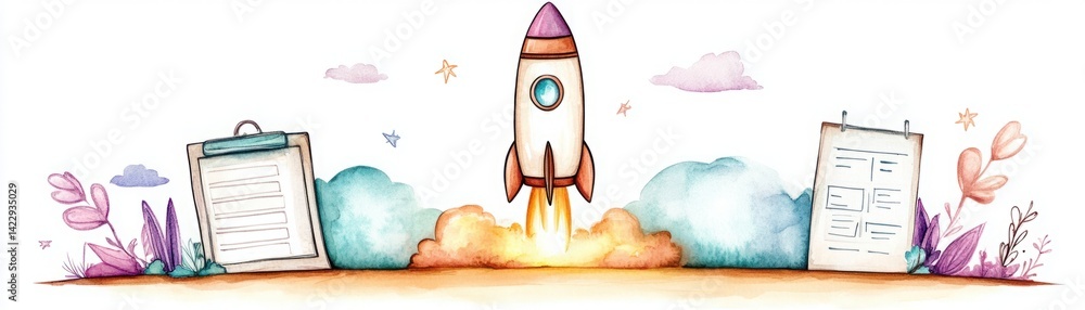 Colorful rocket launch illustration with documents and flowers, depicting innovation, creativity, and progress in a whimsical style
