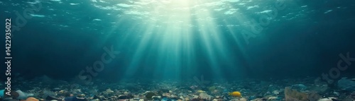 Obraz na płótnie Underwater Scene with Sunbeams Illuminating Ocean Floor Surrounded by Colorful Corals and Marine Life in Clear Blue Water Environment w salonie