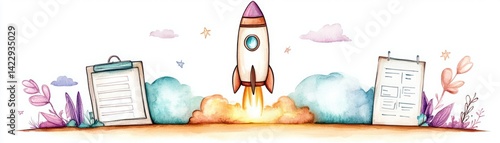 Colorful rocket launch illustration with documents and flowers, depicting innovation, creativity, and progress in a whimsical style