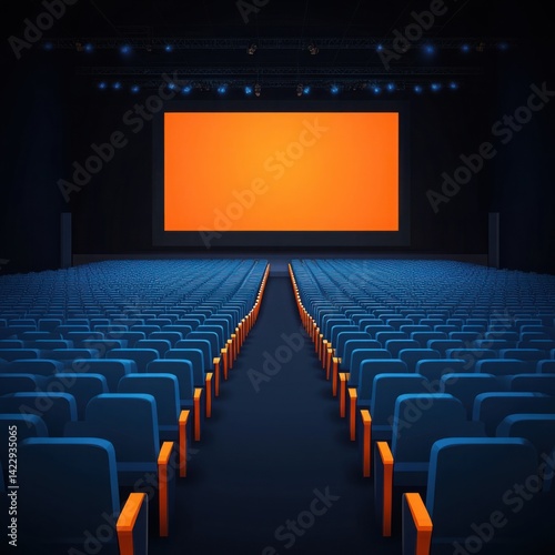 Efficient and Modern Theater Interior with Rows of Comfortable Blue Seats and Large Blank Orange Screen Ready for the Next Spectacular Presentation