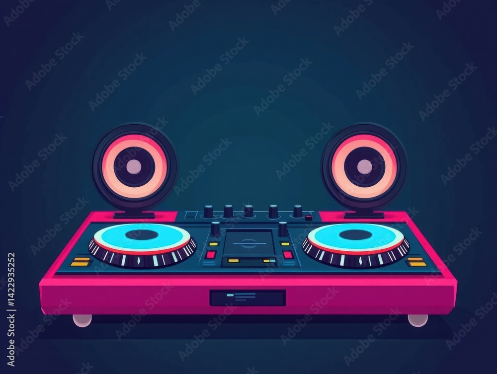 Colorful DJ equipment illustration featuring turntables and speakers on a dark background for music-related design needs and creative projects