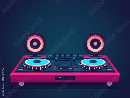 Obraz na płótnie Colorful DJ equipment illustration featuring turntables and speakers on a dark background for music-related design needs and creative projects w salonie