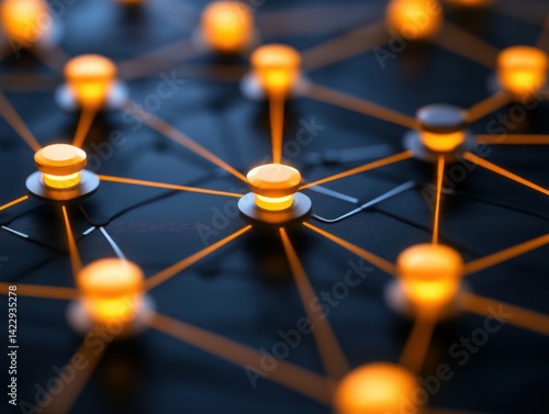 Obraz na płótnie Abstract network connections with glowing buttons and cables creating a modern technology background for digital communication and innovation concepts w salonie