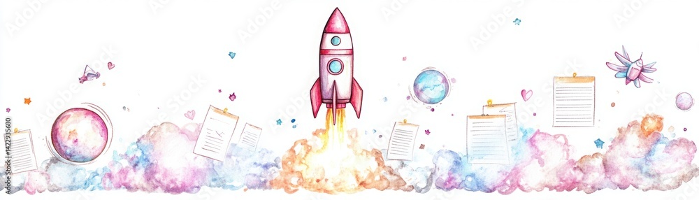 Whimsical Rocket Launch with Colorful Clouds, Planets, and Notes, Ideal for Children's Artwork, Education Themes, or Imaginative Projects