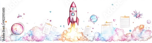 Obraz na płótnie Whimsical Rocket Launch with Colorful Clouds, Planets, and Notes, Ideal for Children's Artwork, Education Themes, or Imaginative Projects w salonie