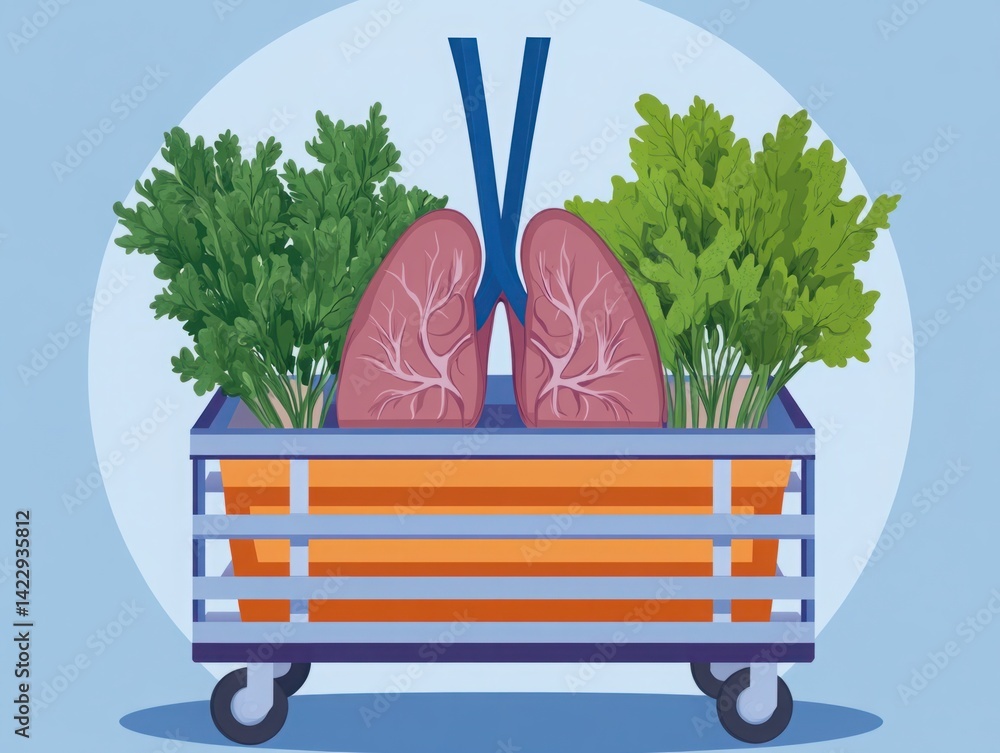 Creative concept of healthy lifestyle with lungs surrounded by fresh greens in a shopping cart against a soft blue background