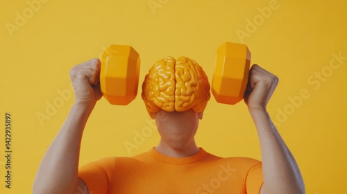 Concept of mental strength and physical fitness with a human figure holding dumbbells, featuring a brain-shaped head, isolated on a vibrant yellow background