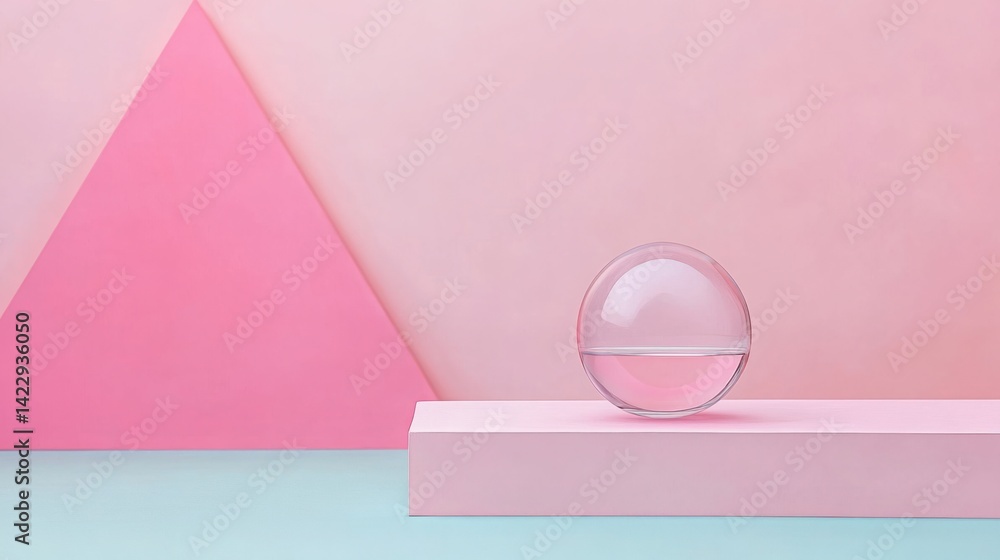 Modern Minimalist Still Life with Geometric Shapes in Soft Pastel Colors Featuring a Transparent Orb and a Pink Triangle on a Clean Surface