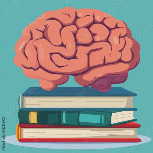 Creative Illustration of a Brain Symbolizing Knowledge and Learning on a Stack of Books in a Bright and Colorful Background