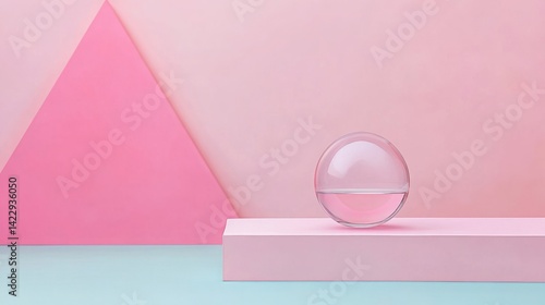 Obraz na płótnie Modern Minimalist Still Life with Geometric Shapes in Soft Pastel Colors Featuring a Transparent Orb and a Pink Triangle on a Clean Surface w salonie