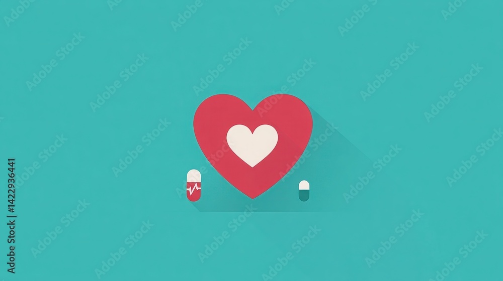 Heart Shape with Pill Motif on Turquoise Background Representing Medical Care and Health Conceptual Art for Wellness and Pharmacy Themes