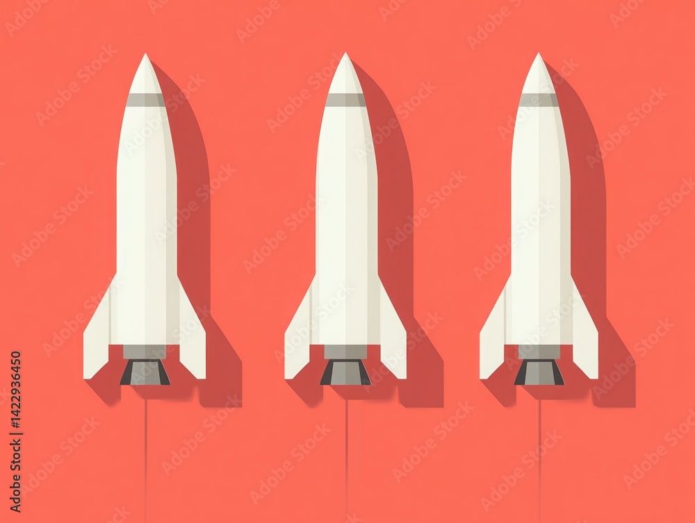 Minimalist Vector Illustration of Three Rockets Launching with a Bold Red Background Ideal for Space Themes and Technology Projects