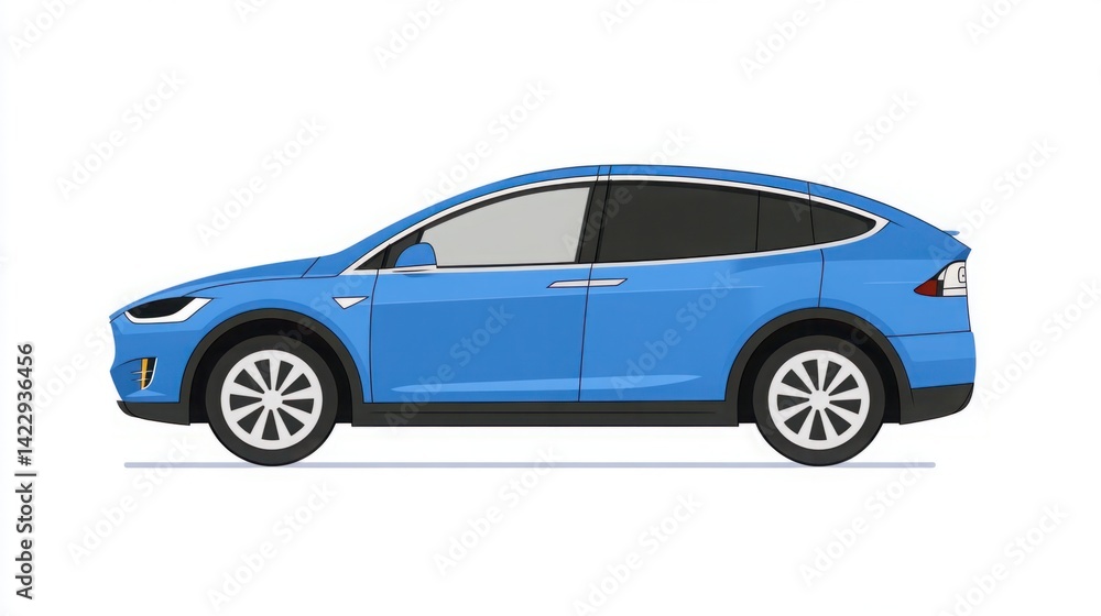 Blue electric vehicle in profile view showcasing modern design elements and sleek lines with an emphasis on sustainable transportation and innovation