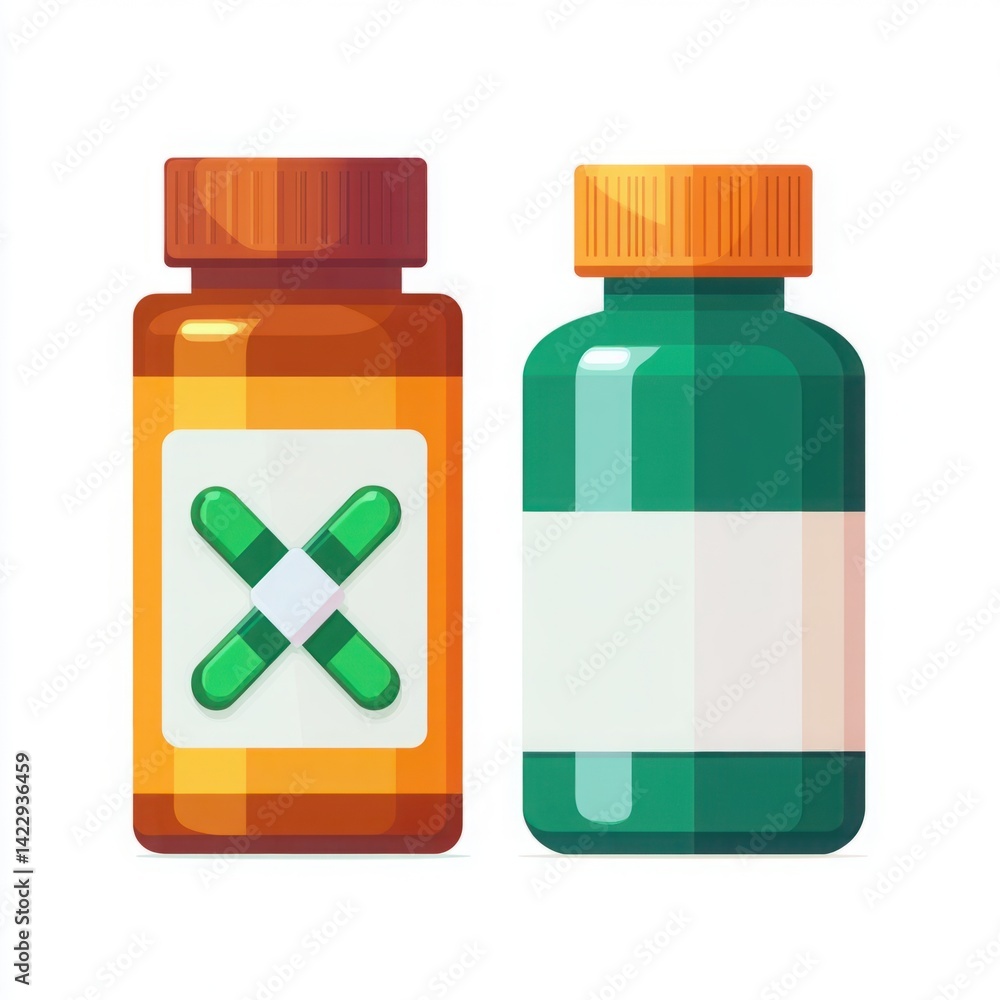 Two Colorful Medicine Bottles with Distinctive Labels and Caps on a Bright Background Ideal for Health and Wellness Themes