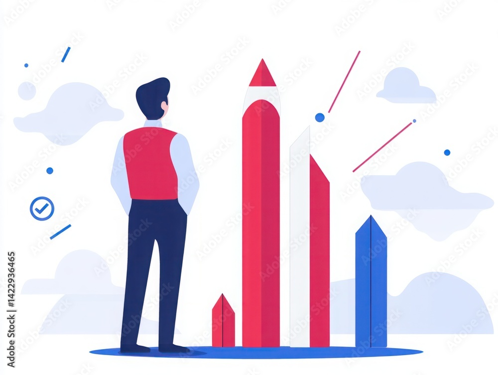 Businessman Observing Growth and Progress with Colorful Chart Elements in a Bright and Modern Digital Illustration